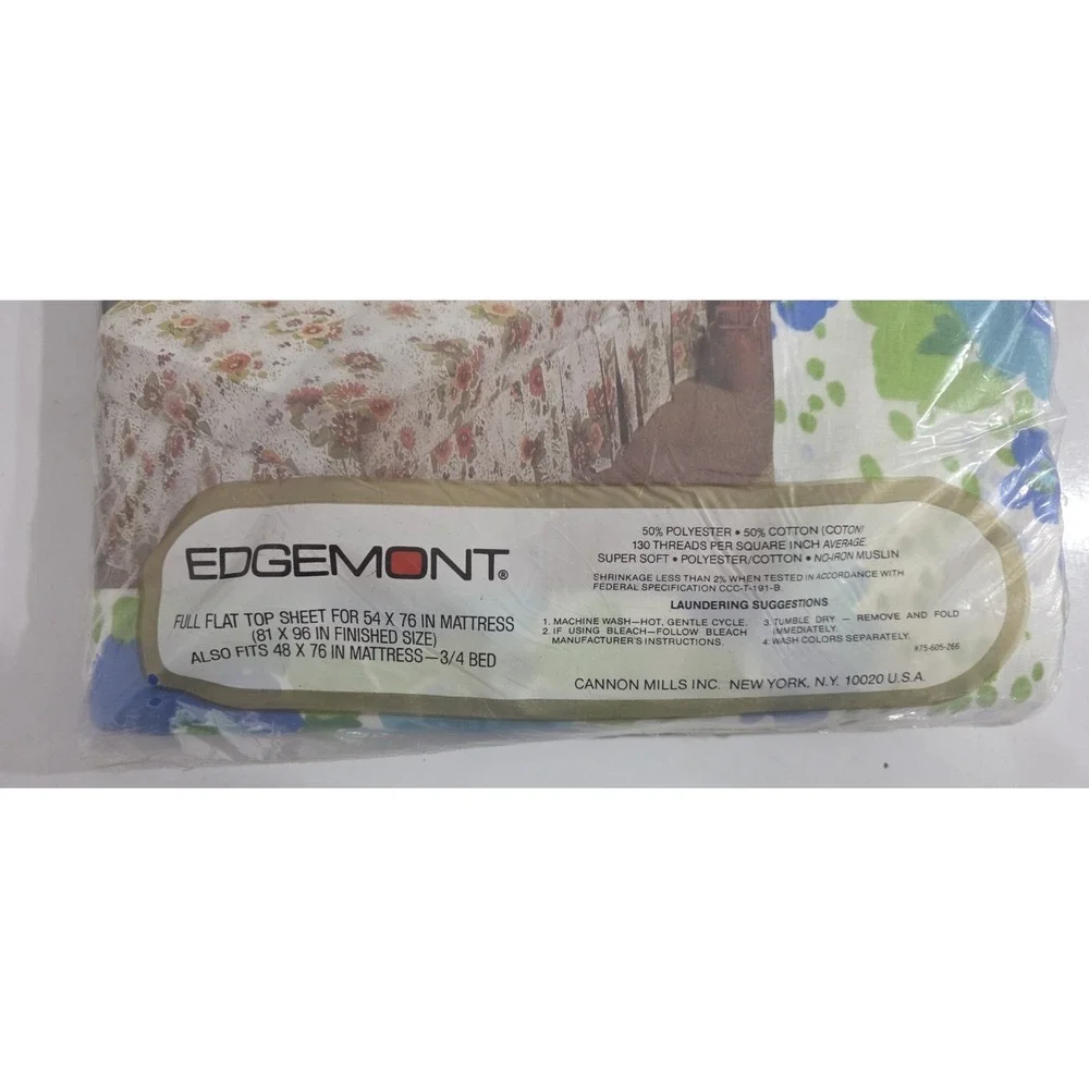 Edgemont Blue Green Floral Full Flat Top Sheet NOS